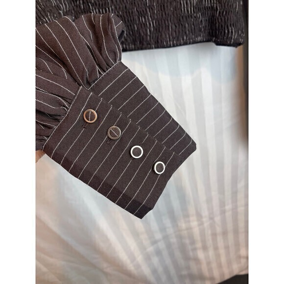 Chic Pinstripe Balloon Sleeve Smocked Back Brown Top Size Large RefM004 - Picture 11 of 11